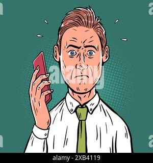 A man in a tie is shocked by a phone call. Surprise and bewilderment on the face. Problems at work. Boss reprimand. Cartoon vector illustration in pop Stock Vector