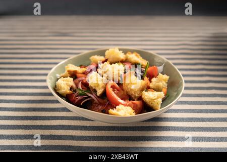 serving of traditional Italian Panzanella Bread salad on a white plate ...