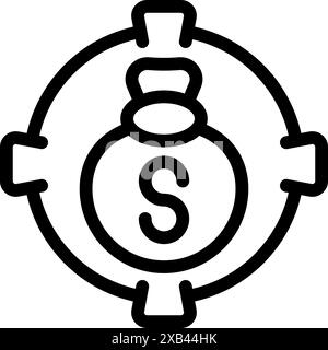 Line icon of a money bag in a crosshair, representing the concept of financial goal setting and achieving success in business Stock Vector