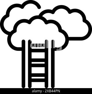 Minimalist black and white line art illustration of a ladder leading to fluffy clouds Stock Vector
