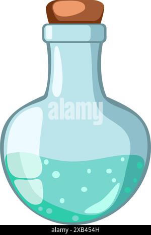Bottle of liquid with a cork stopper in flat technique. Vector illustration Stock Vector