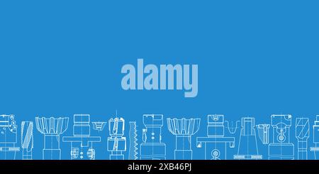 Mechanical engineering drawings on blue background. Tap tools, borer. Technical Design. Cover. Blueprint. Seamless pattern. Vector illustration. Stock Vector