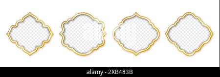 Gold traditional islamic window shape. Golden ramadan frames or arabian oriental arches. Muslim architecture design elements, moroccan arabic border set. Eid mubarak mirror with transparent background Stock Vector