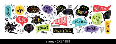Colors chalk swear speech bubbles with curses, bad words, hate, expletives. Hand drawn doodle retro charcoal pencil swearwords for angry, rude, mad mood. Crayon art dialogue balloons in grunge texture Stock Vector