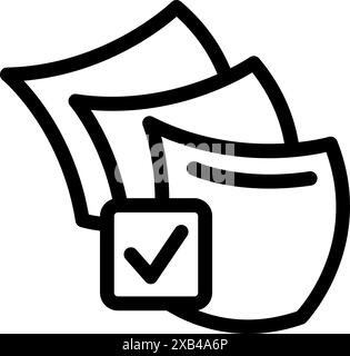 Minimalist icon of a check mark validating a stack of digital documents for business approval Stock Vector