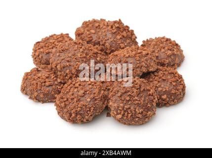 Pile of chocolate crumbs biscuits isolated on white Stock Photo