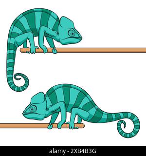 Set of color illustrations with chameleon. Isolated vector object on white background. Stock Vector