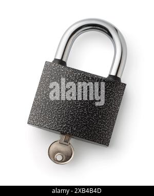 Top view of steel padlock with inserted key isolated on white Stock Photo