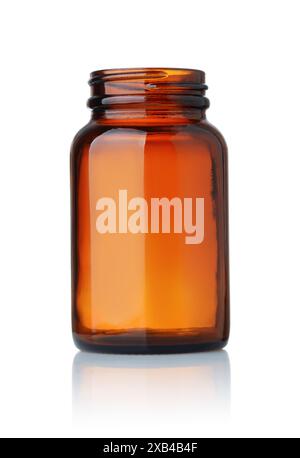 Front view of empty amber medical glass container isolated on white Stock Photo