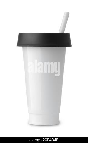 Front view of blank disposable plastic cup with straw isolated on white Stock Photo