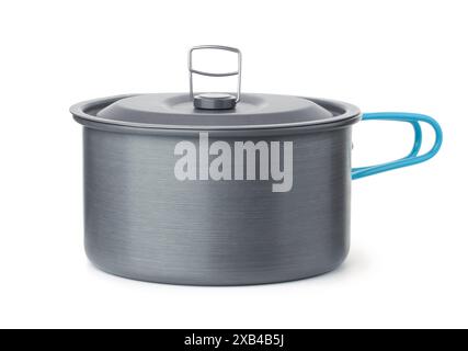 Side view of portable camping cooking pot isolated on white Stock Photo