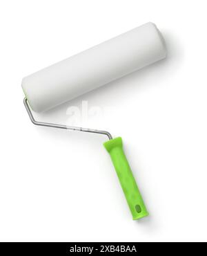 Top view of  new foam paint roller with green plastic handle isolated on white Stock Photo