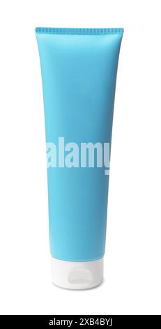Front view of blue blank plastic cosmetic tube isolated on white Stock Photo