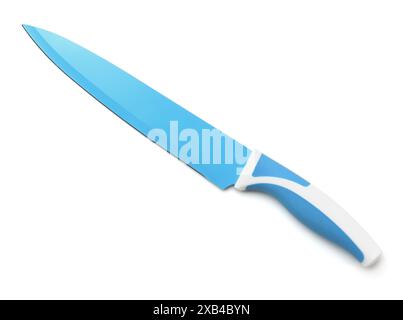 Top view of blue kitchen knife isolated on white Stock Photo