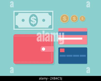 Money set. Red wallet, dollar bill, coins and credit cards on a green background. Flat vector illustration Stock Vector
