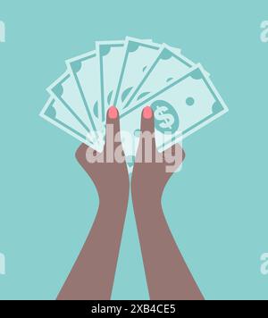 Hands of a black woman holding stack of dollar banknotes. Flat vector illustration Stock Vector