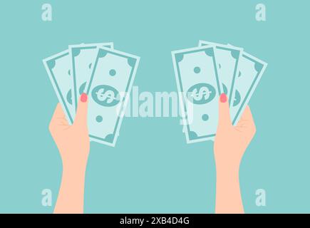 Female hands holding paper dollar bills on a green background, flat vector illustration Stock Vector