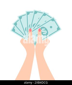 Female hands holding stack of dollar banknotes, isolated on a white background. Flat vector illustration Stock Vector