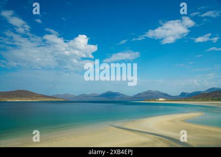 An aerial view of white sand and clear sea at low tide on Seilebost Beach looking toward Luskentyre Beach on the west coast of the Isle of Harris Stock Photo