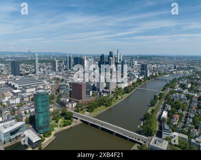 Frankfurt am Main, Hessen, Germany, May 11th, 2024: Frankfurt am Main skyline, office buildings in the financial district. Aerial view. Stock Photo