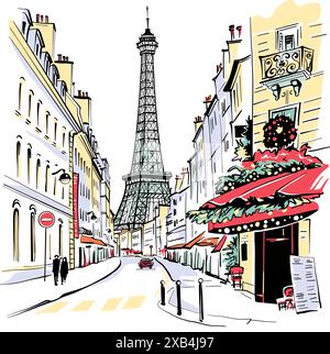 Vector illustration of Paris street with street cafe and Eiffel Tower in background, Paris, France Stock Vector