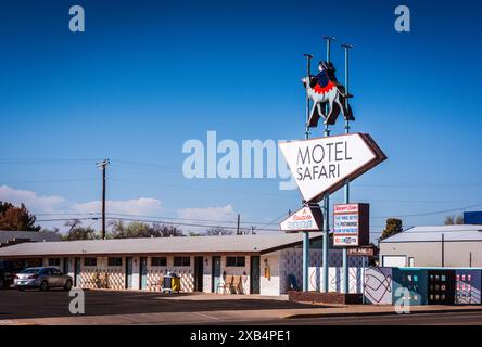 Tucumcari, New Mexico USA - March 18, 2017: Motel Safari is a classic Route 66 motel with a neon sign in the shape of a camel. Stock Photo