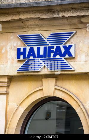 Signage, branding, logo and frontage of a branch of Halifax building society Stock Photo