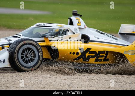 June 08, 2024: IndyCar #3 Scott McLaughlin driving his white and yellow Team Penske XPEL car loses control in turn #3 during qualifying before the XPEL Grand Prix at Road America in Elkhart Lake, WI - Mike Wulf/CSM Stock Photo