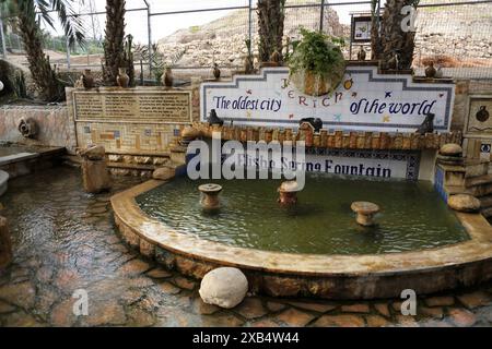 The fountain by the Biblical Elisha Spring or Ein Al Sultan in the Oasis of Jericho at the foot of Tel Jericho in the West Bank, Palestinian Authority Stock Photo