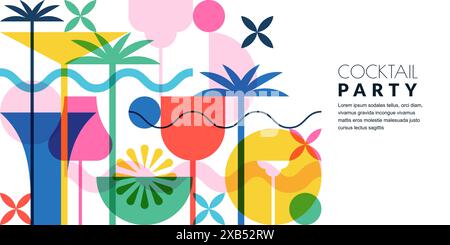 Beach cocktails party horizontal banner, poster template. Vector illustration. Abstract geometric color block flat design. Alcohol cocktail menu, trop Stock Vector