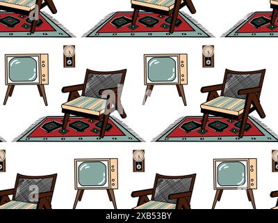 Seamless pattern, hand-drawn in vector on the theme of living room design, armchair, TV, wall clock. Drawn in vector in different colors. For printing Stock Vector