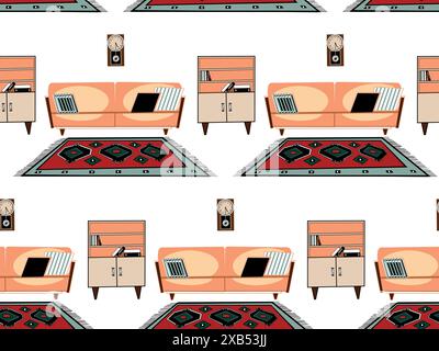 Seamless pattern, hand drawn in vector on the theme of interior design, pink sofa, bookcase, patterned carpet. Drawn in vector in different colors. Stock Vector