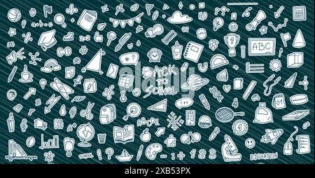 Set of stickers back to school. Vector graphic with elements of school, stationery, notebooks, magnifying glass, backpack, pen and more. Education con Stock Vector