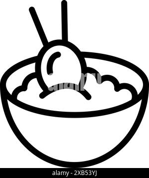 Simple line icon of a bowl of rice with chopsticks holding a meatball, representing asian cuisine Stock Vector