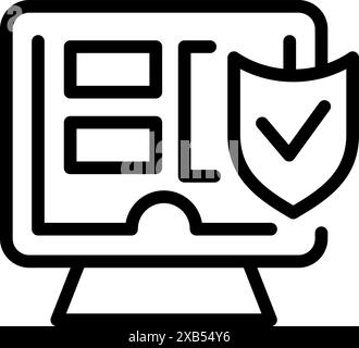 Simple icon of a desktop computer screen with a shield icon overlaid and a check mark Stock Vector