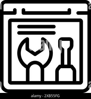 Simple black and white icon of a website under construction with wrench and screwdriver tools for web development Stock Vector