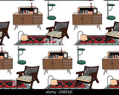 Seamless pattern, hand-drawn in vector on the theme of interior design, armchair, floor lamp, chest of drawers. Drawn in vector in different colors. Stock Vector