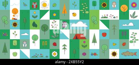 Abstract nature horizontal seamless linear background. Line style simple images of nature, flowers and trees. Green and blue nature geometric shapes. Stock Vector