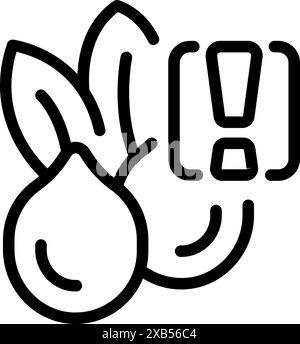 Line art icon of genetically modified onion with exclamation point warning sign representing potential health risks and ethical concerns Stock Vector