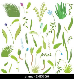Green foliage collection, botanical elements isolated on a white background. Flat style vector illustrations. Branches and wild flowers, grass set and Stock Vector