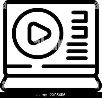 Simple icon of a laptop displaying a video player interface, featuring a prominent play button and menu options Stock Vector
