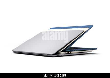 new different color open laptops presentation front view 3d render on white Stock Photo