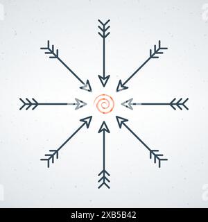 Radial inward arrows . A circular arrangement of arrows with swirl aim. Stock vector illustration isolated Stock Vector