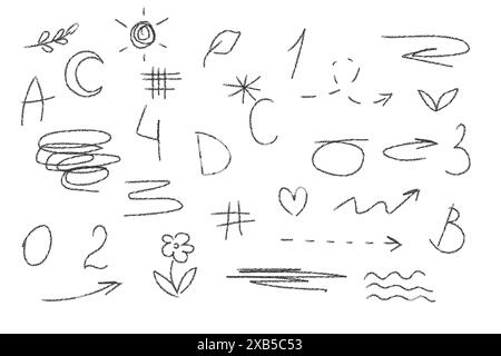 charcoal, chalk or wax pencil on paper. Letter, number, drawing Stock Vector