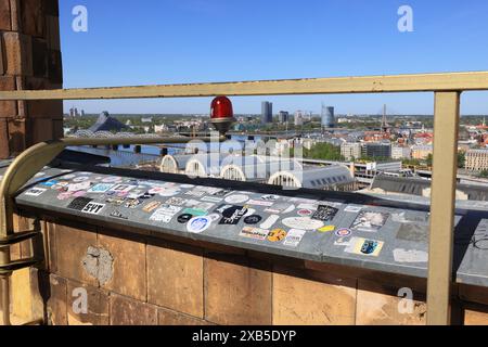 Amazing views of the Central Market and the Daugava River, from the observation deck of the Latvian Academy of Sciences in Riga, Latvia Stock Photo