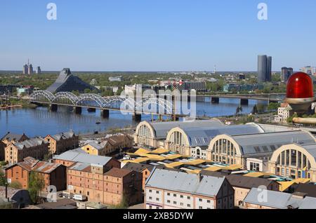 Amazing views of the Central Market and the Daugava River, from the observation deck of the Latvian Academy of Sciences in Riga, Latvia Stock Photo