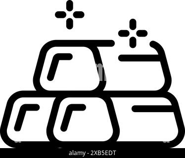 Simple line drawing of three gold bars stacked on top of each other, with stylized glints of light reflecting off of them Stock Vector