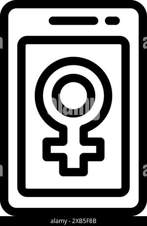 Line art icon of a smartphone displaying a female gender symbol, representing women's rights and gender equality in the digital age Stock Vector