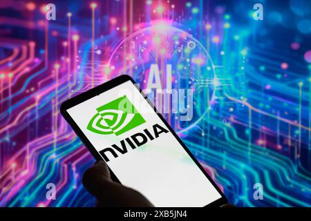 Brussels, Belgium. 10th June, 2024. The NVIDIA logo is being displayed on a smartphone, seen in this photo illustration. Taken in Brussels, Belgium. On June 10, 2024. (Jonathan Raa/Sipa USA) *** Strictly for editorial news purposes only *** Credit: Sipa USA/Ģ����ý Live News Stock Photo