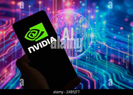 Brussels, Belgium. 10th June, 2024. The NVIDIA logo is being displayed on a smartphone, seen in this photo illustration. Taken in Brussels, Belgium. On June 10, 2024. (Jonathan Raa/Sipa USA) *** Strictly for editorial news purposes only *** Credit: Sipa USA/Ģ����ý Live News Stock Photo
